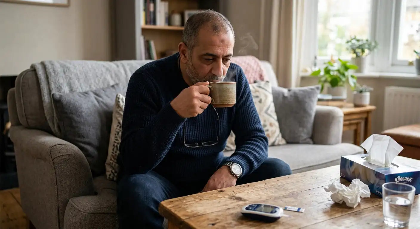A diabetic man with a cold is drinking hot liquids.