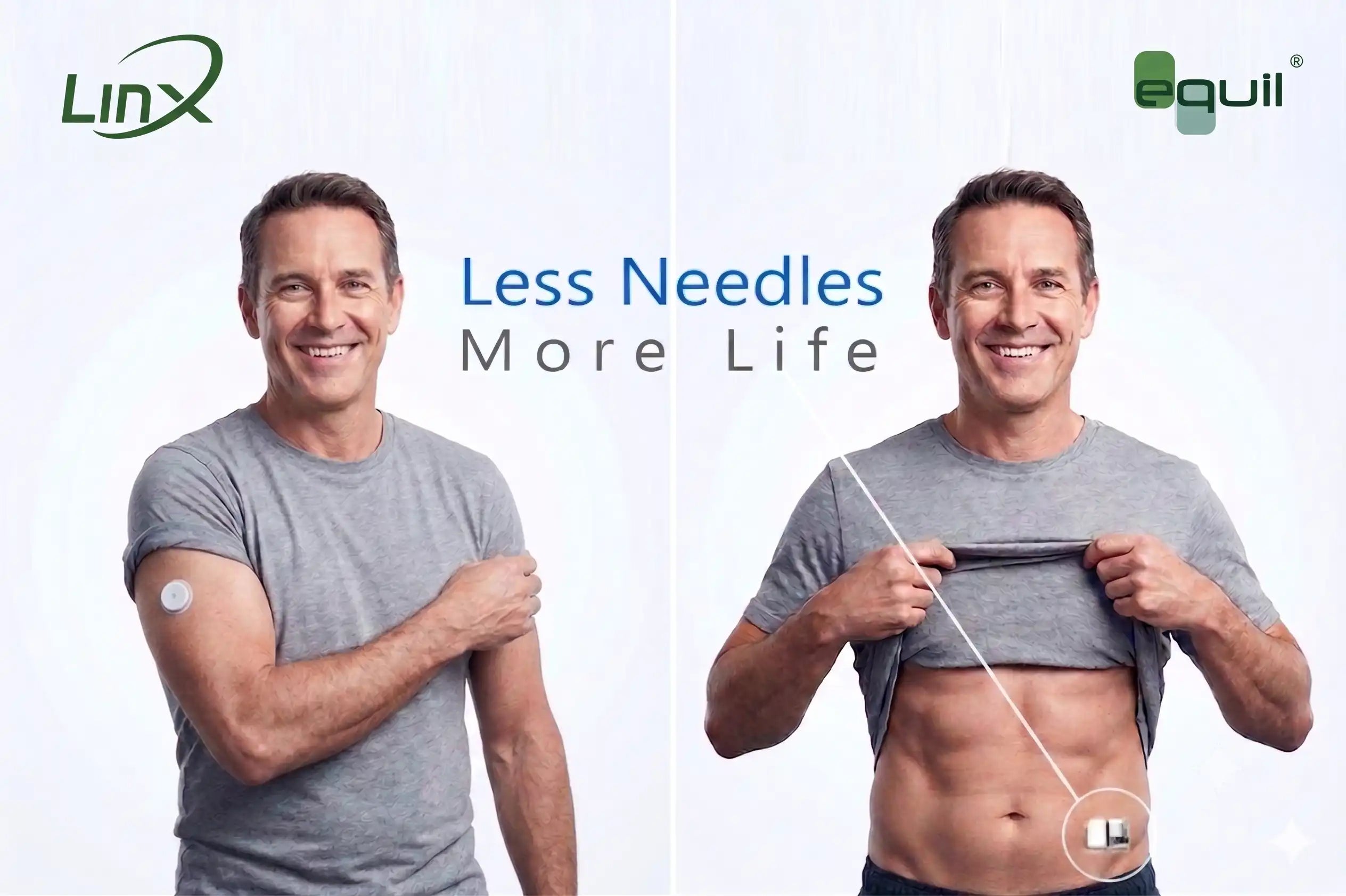 A man smilingly reveals Linx glucose sensor on his arm and Equil insulin pump on his toned abs with Less Needles More Life text