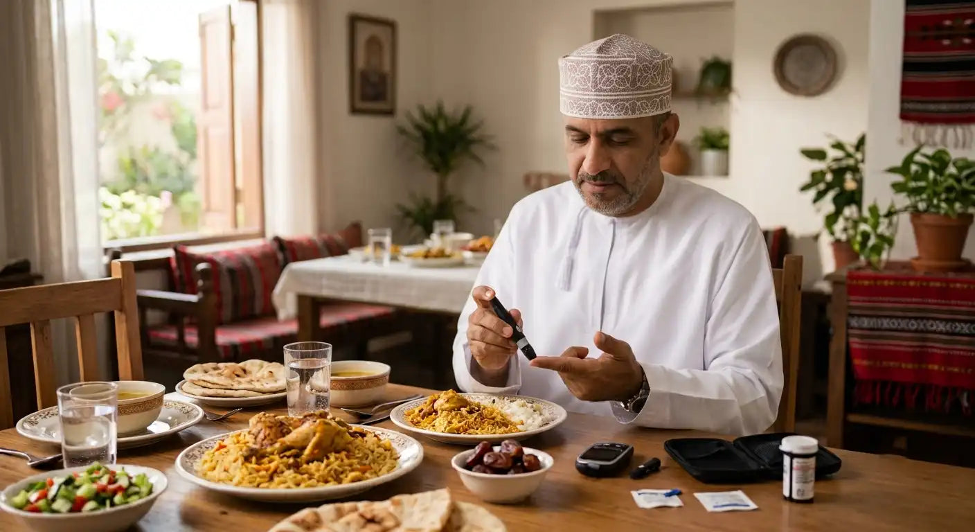 An Omani man in traditional dress holds a small Blood glucose lancing device, sitting at a table with traditional dishes.