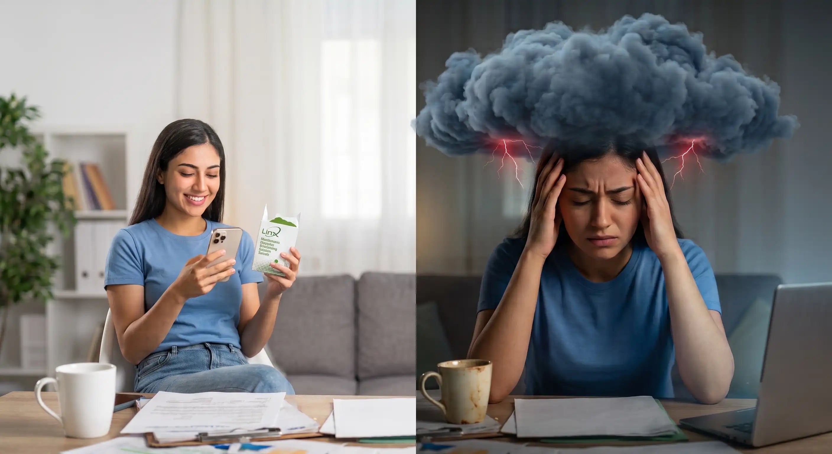 Split image contrasting a woman's positive, calm state using a sensor linx to control blood sugar against her stressed, overwhelmed condition under a storm