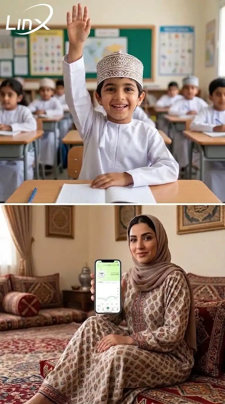 The upper section shows a smiling child in Omani attire raising his hand in the classroom, while a woman at the bottom displays an linx cgm app on her smartphone.