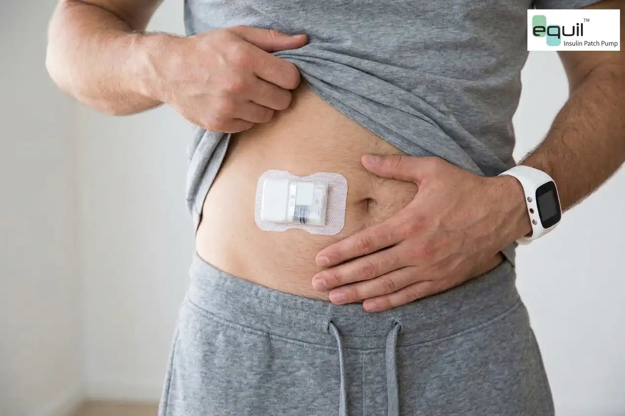 a man shows his belly and attached equil insulin patch pump